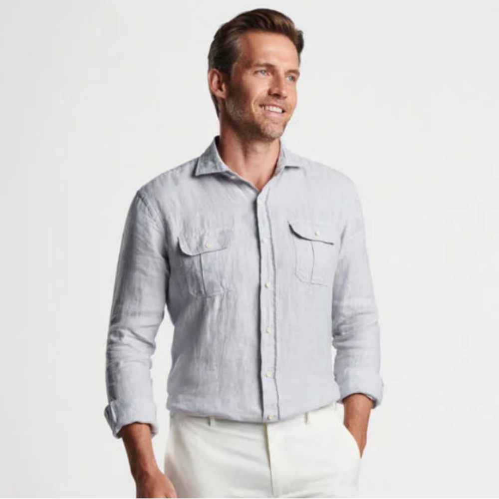 PETER MILLAR LEV‎ 100% Linen Sport Shirt British Grey Men’s size XXL